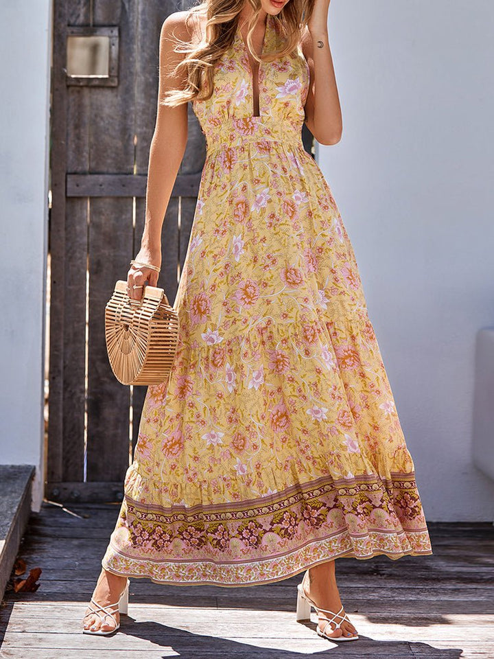 Stilla | Kvinders Kjoler Bohemia Stil Trykt Afslappet Halterneck Maxi Kjole