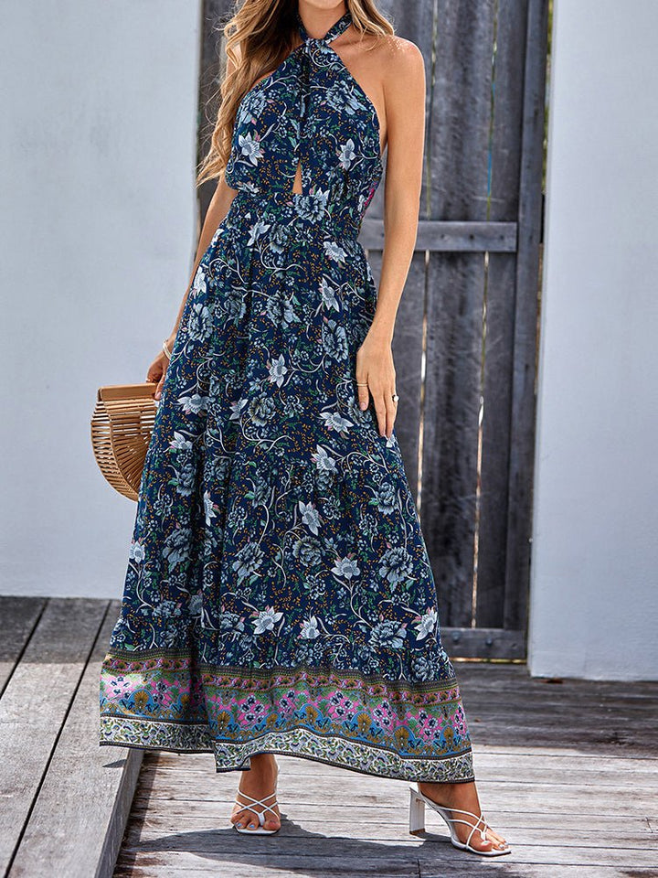 Stilla | Kvinders Kjoler Bohemia Stil Trykt Afslappet Halterneck Maxi Kjole
