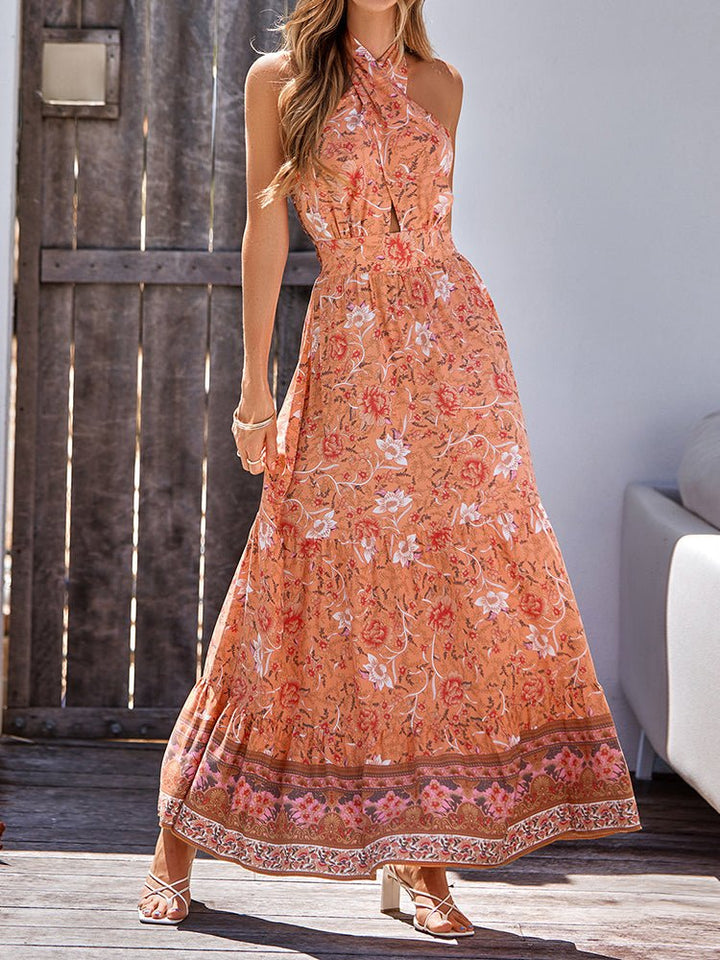 Stilla | Kvinders Kjoler Bohemia Stil Trykt Afslappet Halterneck Maxi Kjole
