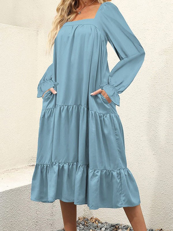 Stilla | Kvinder Kjoler Elegant Firkantet Hals Ruffle Midi Kjole