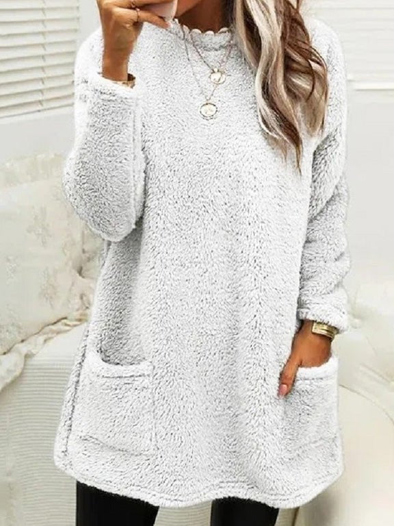 Stilla | Kvindernes Kjoler Plush Crew Neck Lomme Langærmet T-shirt Kjole