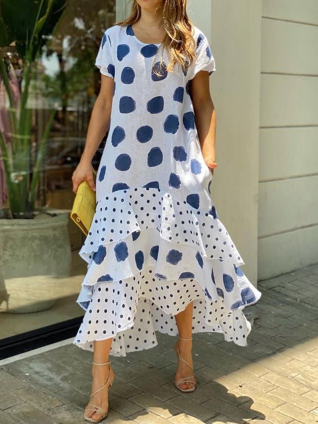 Stilla | Kvinders Kjoler Polka Dot Crew Neck Kort Ærme Flæse Kjole