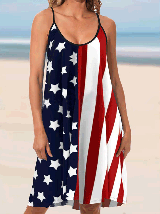 Stilla | Kvinder Kjoler Stjerne Stribe Print Crew Neck Ærmeløs Kjole