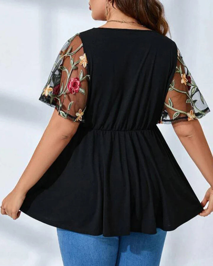Stilla | Kvindernes Blomsterbroderi 3 5xl Mode Designer Bluse T-Shirts (plus Størrelse)