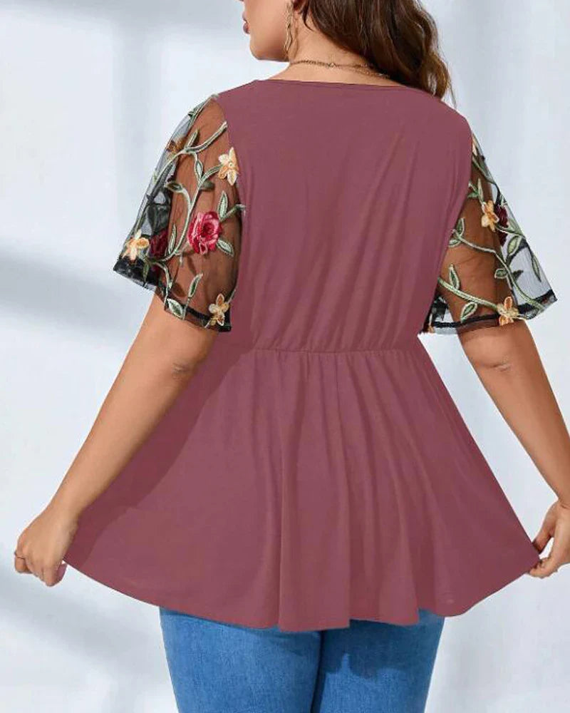 Stilla | Kvindernes Blomsterbroderi 3 5xl Mode Designer Bluse T-Shirts (plus Størrelse)