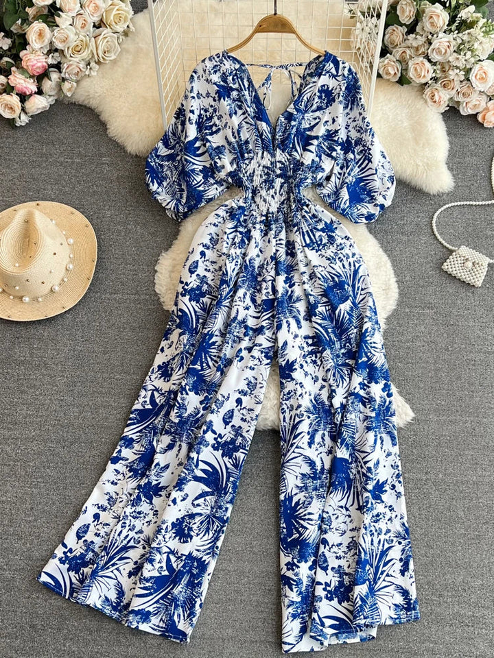 Stilla | Kvinders Blomstret V-Hals Rompers Lange Ærmer Mode Designer Jumpsuits