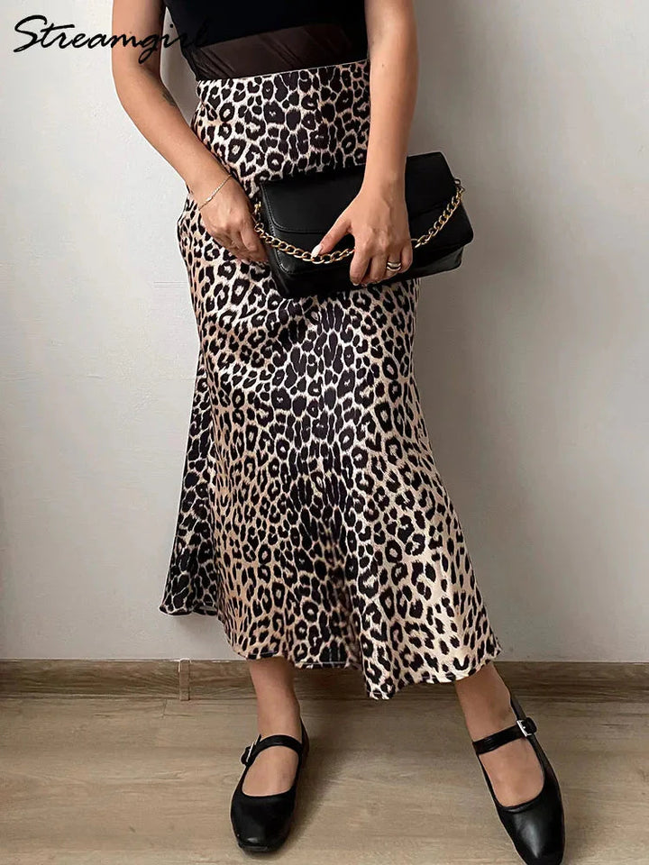 Stilla | Kvinders Højtaljet Mode Designer Leopardprint Nederdele (lange)