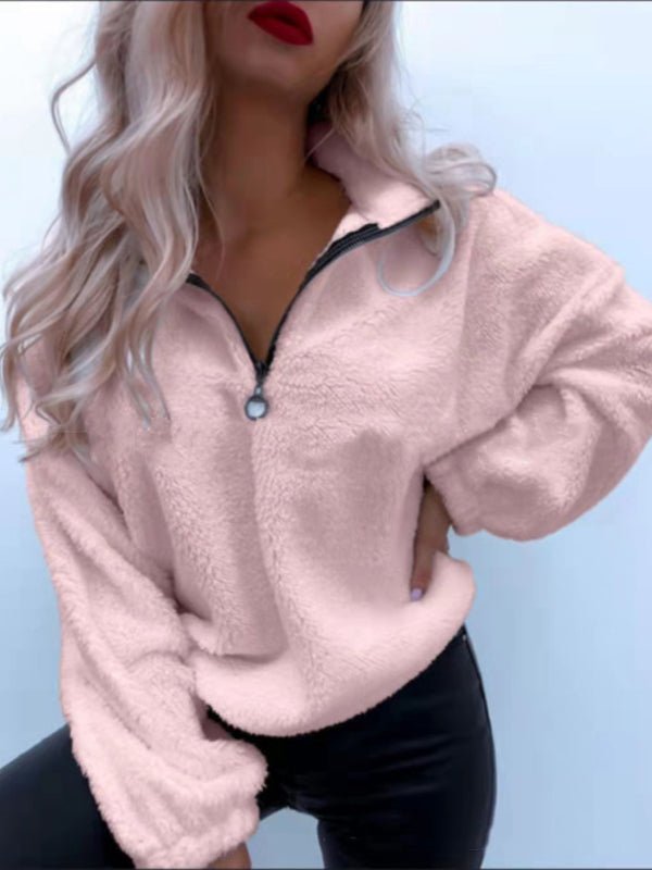 Stilla | Damer Hættetrøjes Zip Langærmet Klap Plush Sweatshirt