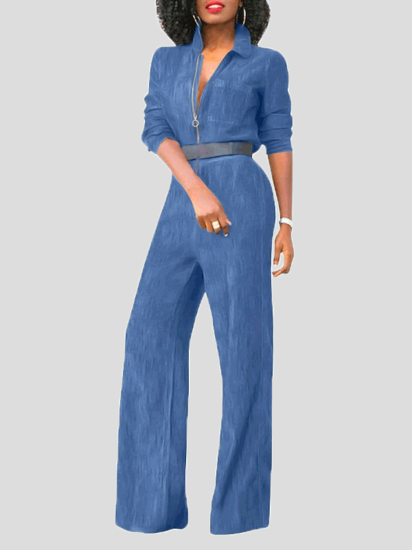 Skovae | Dame Jumpsuits Klap Lynlås Lange Ærmer Denim Jumpsuit
