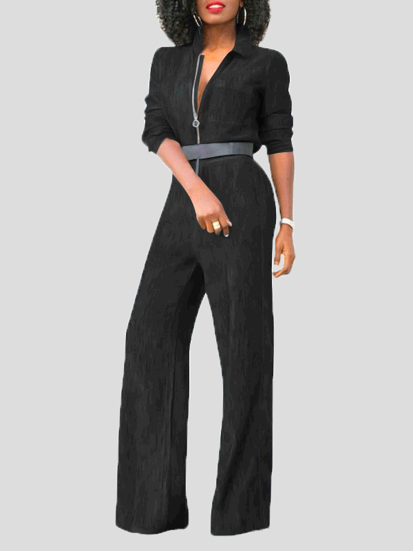 Skovae | Dame Jumpsuits Klap Lynlås Lange Ærmer Denim Jumpsuit