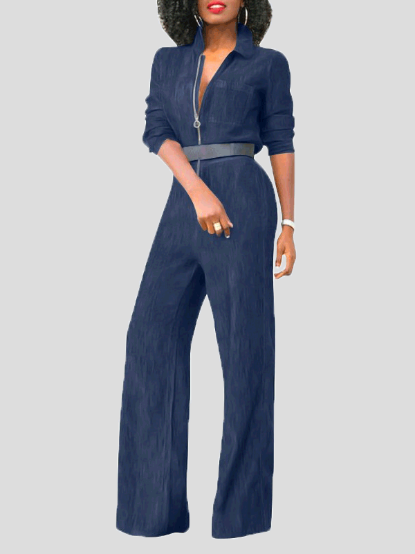 Skovae | Dame Jumpsuits Klap Lynlås Lange Ærmer Denim Jumpsuit
