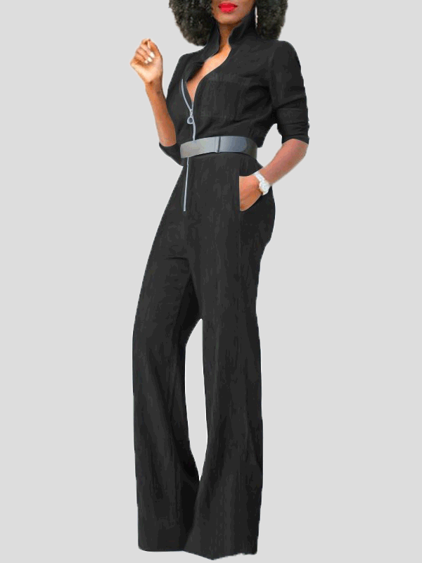 Skovae | Dame Jumpsuits Klap Lynlås Lange Ærmer Denim Jumpsuit