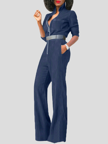 Skovae | Dame Jumpsuits Klap Lynlås Lange Ærmer Denim Jumpsuit