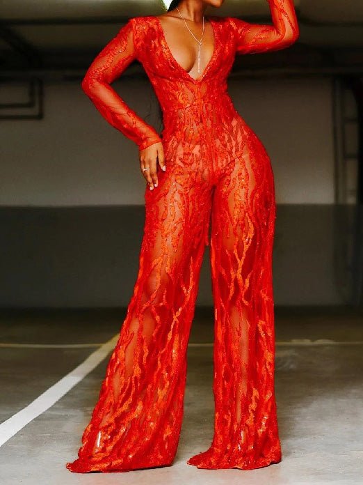 Stilla | Kvinders Jumpsuits Sequin Dyb V-lange Ærmer Bred Ben Jumpsuit