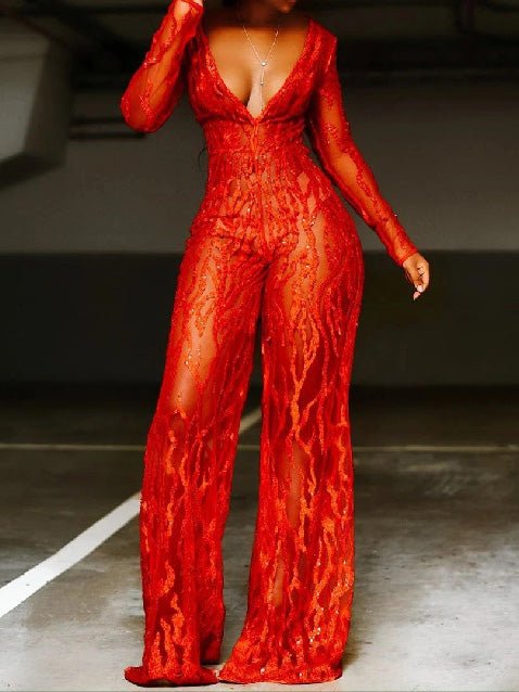 Stilla | Kvinders Jumpsuits Sequin Dyb V-lange Ærmer Bred Ben Jumpsuit
