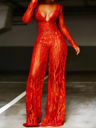 Stilla | Kvinders Jumpsuits Sequin Dyb V-lange Ærmer Bred Ben Jumpsuit