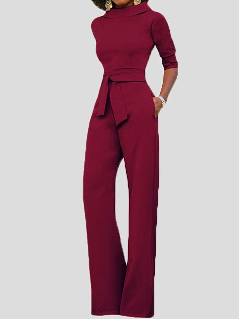 Stilla | Dame Jumpsuits Solid Fem Punkts Ærme Bælte Bred Ben Jumpsuit