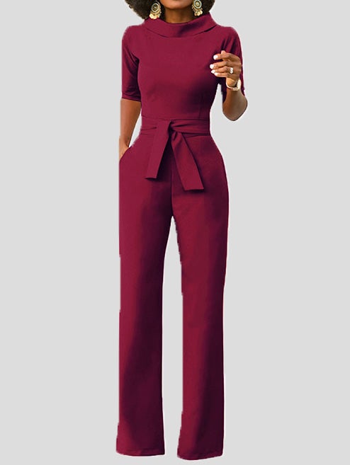 Stilla | Dame Jumpsuits Solid Fem Punkts Ærme Bælte Bred Ben Jumpsuit