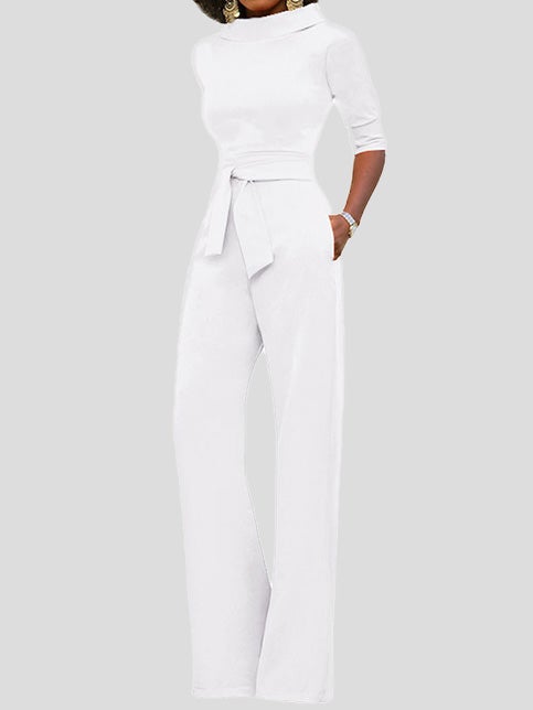 Stilla | Dame Jumpsuits Solid Fem Punkts Ærme Bælte Bred Ben Jumpsuit