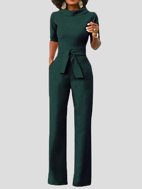 Stilla | Dame Jumpsuits Solid Fem Punkts Ærme Bælte Bred Ben Jumpsuit