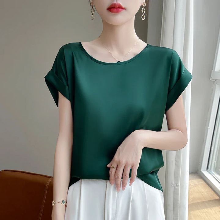 Stilla | Kvinders O-Hals Top Mode Designer Bluse Satin T-Shirts
