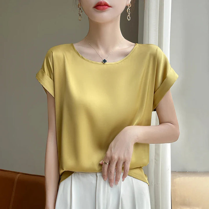 Stilla | Kvinders O-Hals Top Mode Designer Bluse Satin T-Shirts