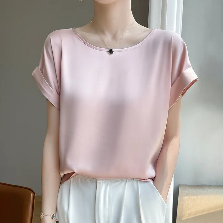 Stilla | Kvinders O-Hals Top Mode Designer Bluse Satin T-Shirts