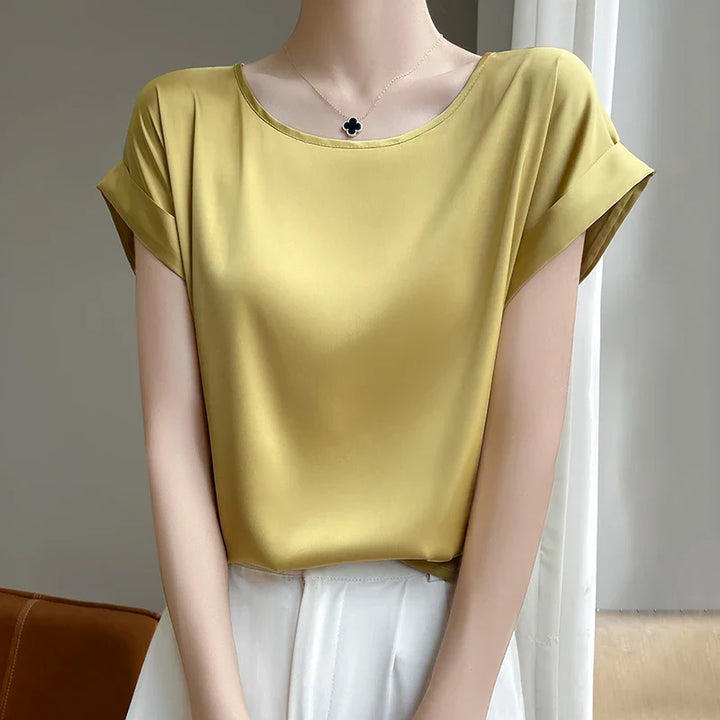 Stilla | Kvinders O-Hals Top Mode Designer Bluse Satin T-Shirts