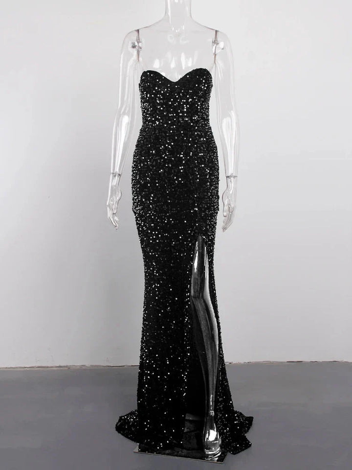 Stilla | Kvinders Off Shoulder Højt Splits Sequin Mode Designer Kjoler (lang)