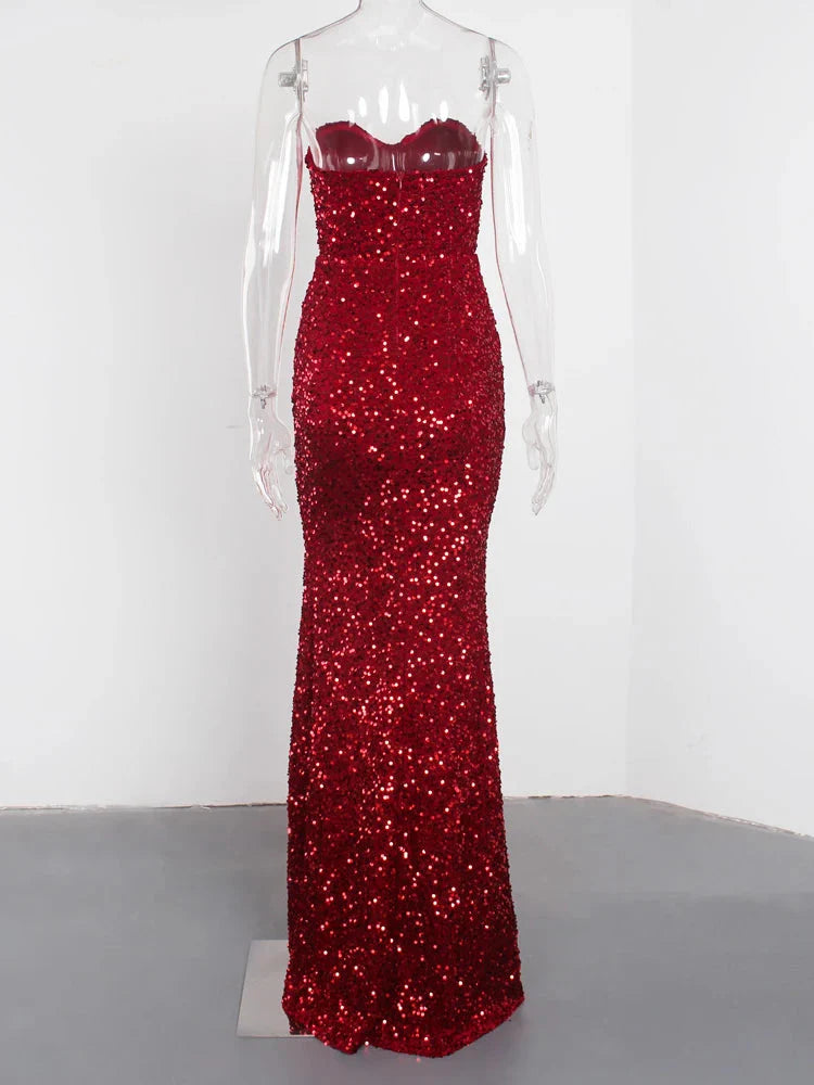 Stilla | Kvinders Off Shoulder Højt Splits Sequin Mode Designer Kjoler (lang)