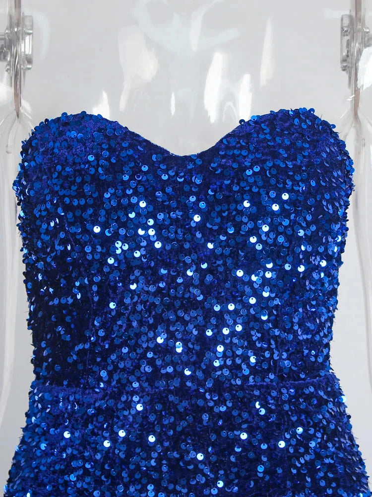 Stilla | Kvinders Off Shoulder Højt Splits Sequin Mode Designer Kjoler (lang)