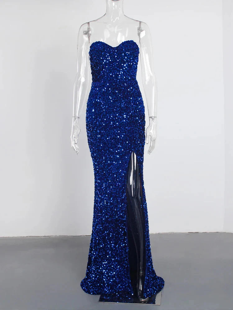 Stilla | Kvinders Off Shoulder Højt Splits Sequin Mode Designer Kjoler (lang)