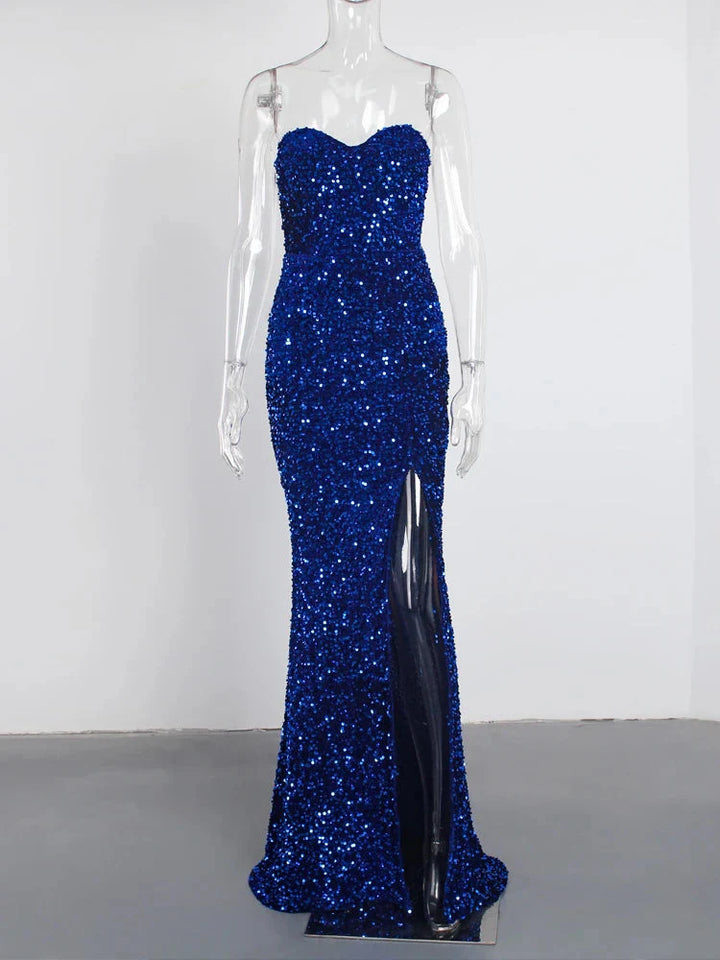 Stilla | Kvinders Off Shoulder Højt Splits Sequin Mode Designer Kjoler (lang)