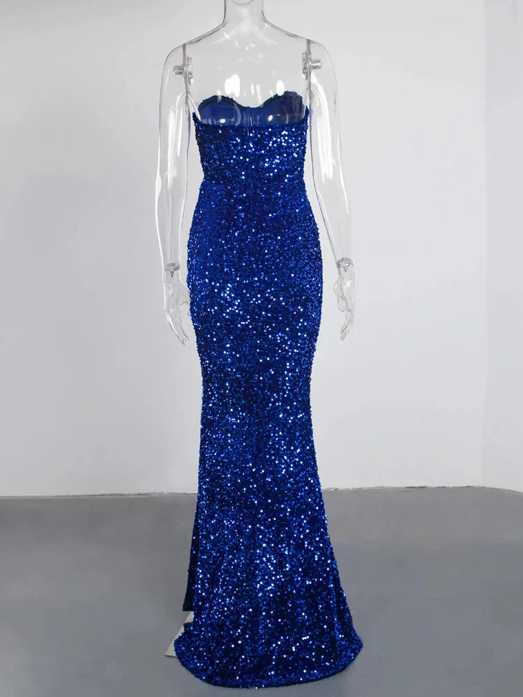 Stilla | Kvinders Off Shoulder Højt Splits Sequin Mode Designer Kjoler (lang)