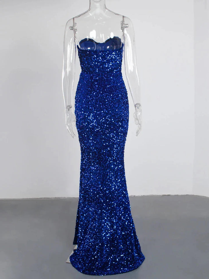 Stilla | Kvinders Off Shoulder Højt Splits Sequin Mode Designer Kjoler (lang)