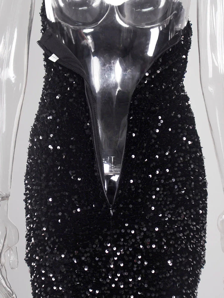 Stilla | Kvinders Off Shoulder Højt Splits Sequin Mode Designer Kjoler (lang)