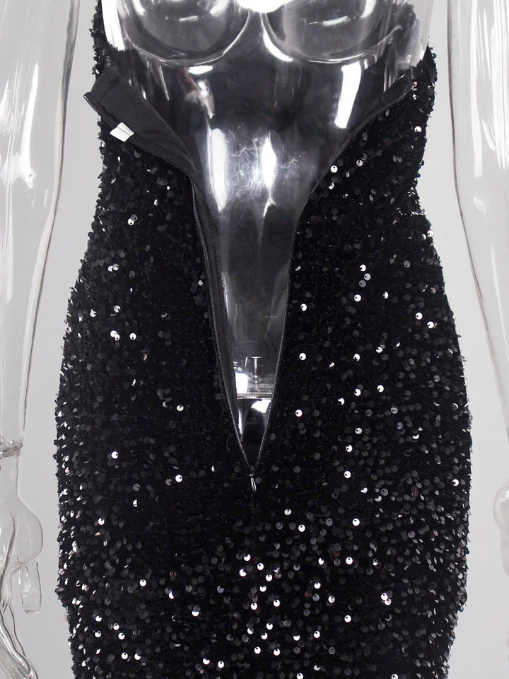 Stilla | Kvinders Off Shoulder Højt Splits Sequin Mode Designer Kjoler (lang)
