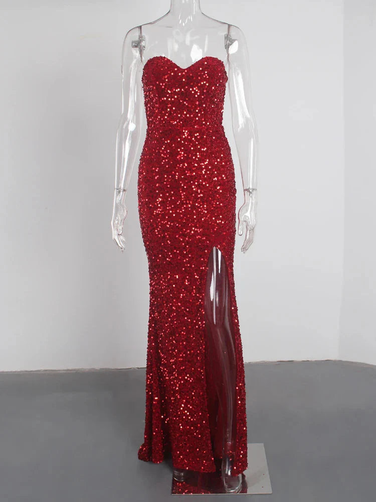 Stilla | Kvinders Off Shoulder Højt Splits Sequin Mode Designer Kjoler (lang)