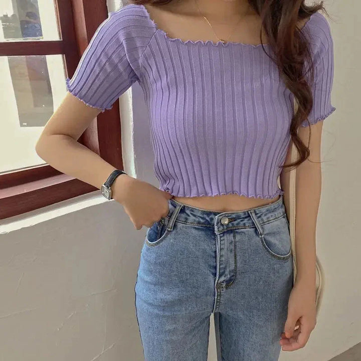 Stilla | Kvinders Off Shoulder Strikket Ribbet Mode Designer T-Shirts