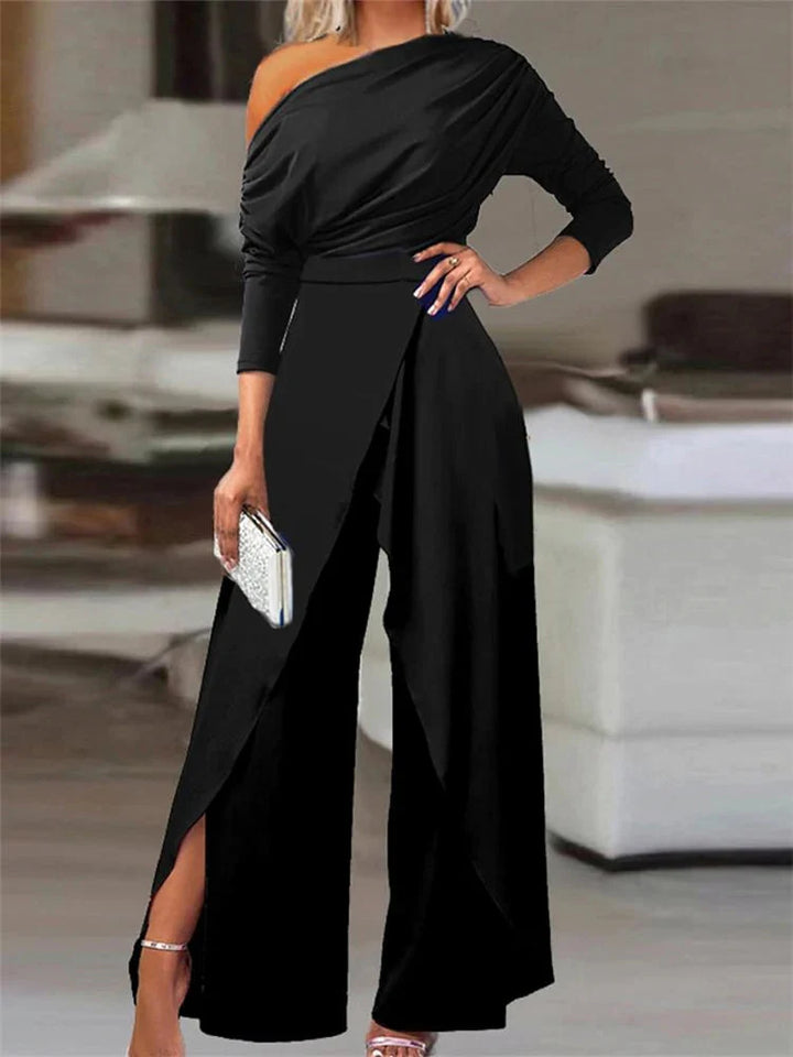 Stilla | Kvindernes Én Skulder Asymmetrisk Rynket Mode Designer Jumpsuits