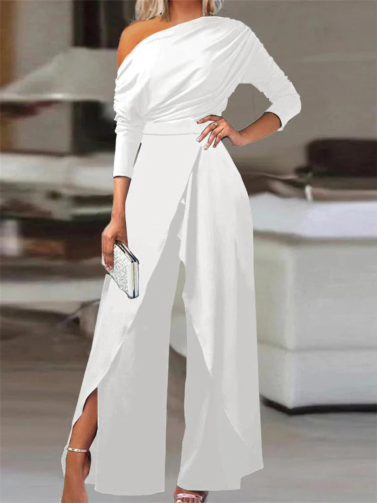 Stilla | Kvindernes Én Skulder Asymmetrisk Rynket Mode Designer Jumpsuits
