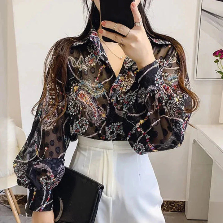 Stilla | Kvinders Puff Ærme Chiffon Bluse Mode Designer Langærmede Toppe