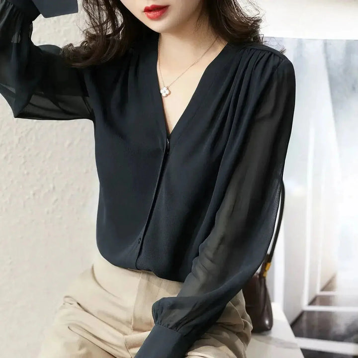 Stilla | Kvinders Puff Ærme Chiffon Bluse Mode Designer Langærmede Toppe