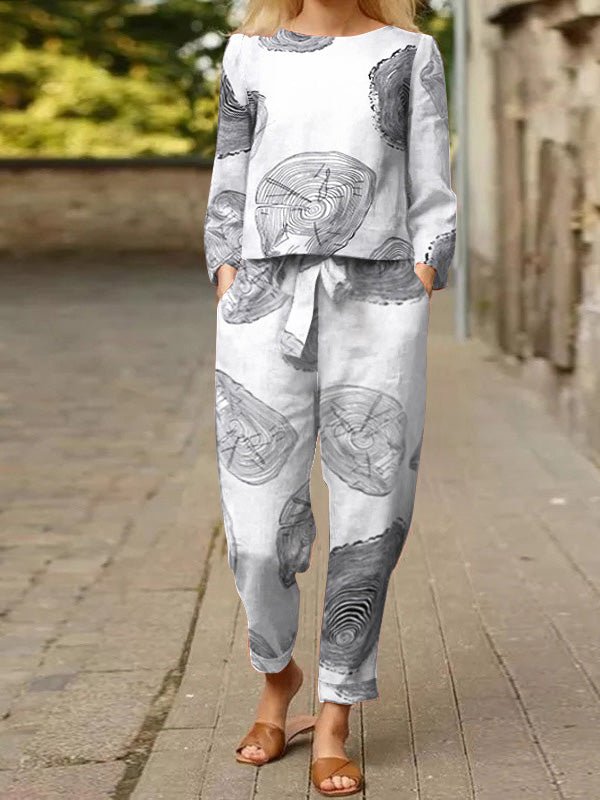 Stilla | Dame Sæt Crew Neck Print Top & Bukser to Delt Sæt