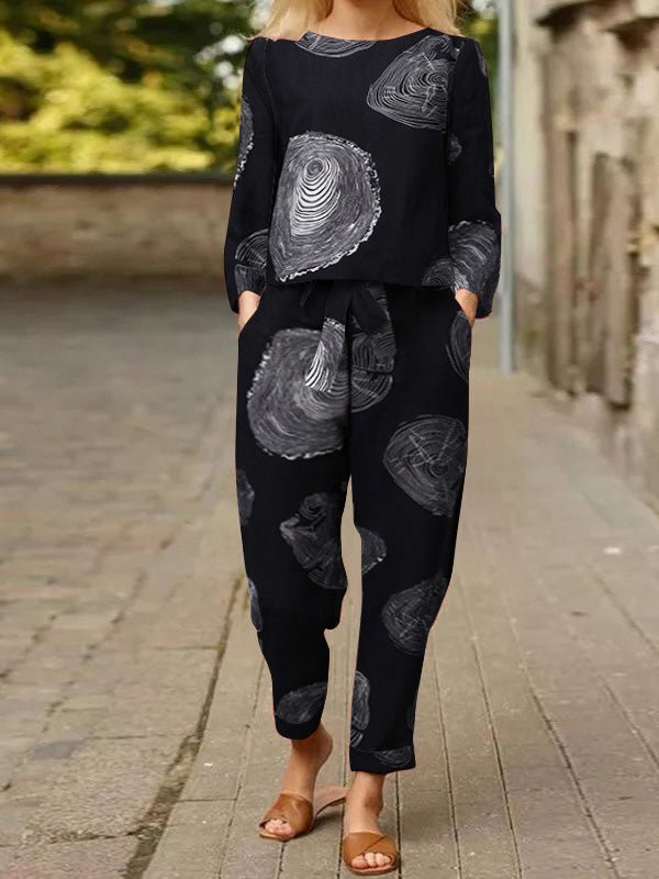 Stilla | Dame Sæt Crew Neck Print Top & Bukser to Delt Sæt