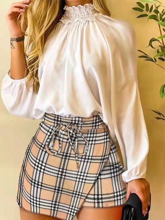 Stilla | Dame Sæt Høj Hals Off Shoulder Skjorte & Print Nederdel to Delt Sæt