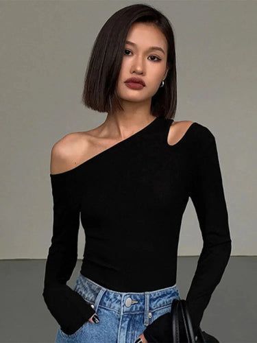 Stilla | Kvindernes Skew Krave Off Shoulder Bluse Peplum Mode Langærmede Toppe