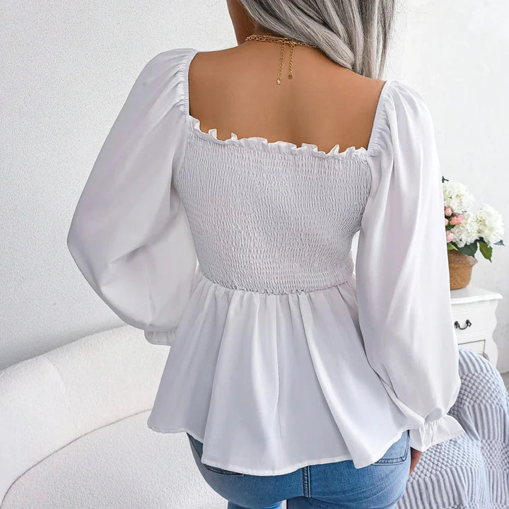 Stilla | Kvinders Square Collar Mode Designer Ruffled Langærmede Toppe