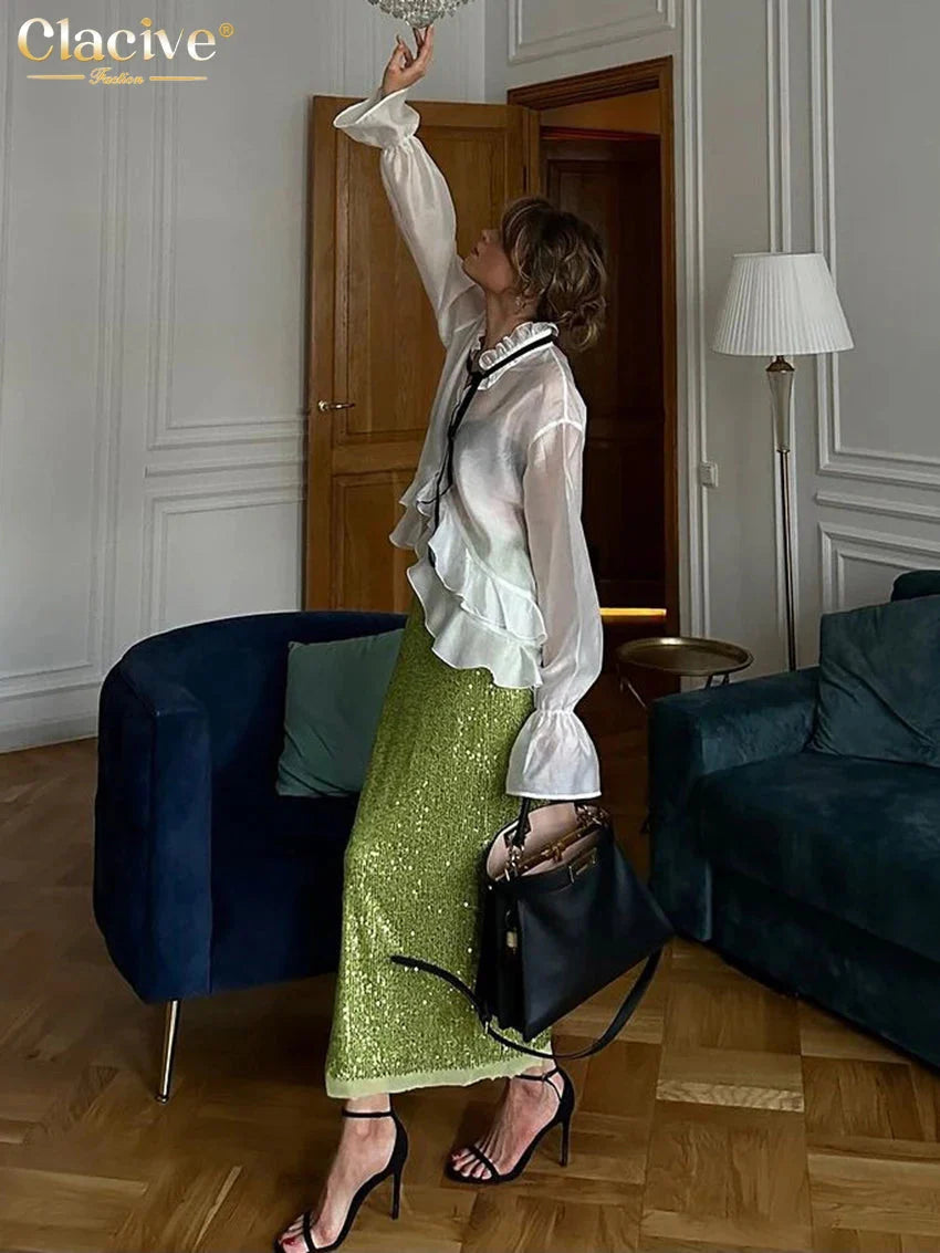 Stilla | Kvinders Gennemsigtige Mesh Mode Designer Flæse Trim Langærmede Toppe