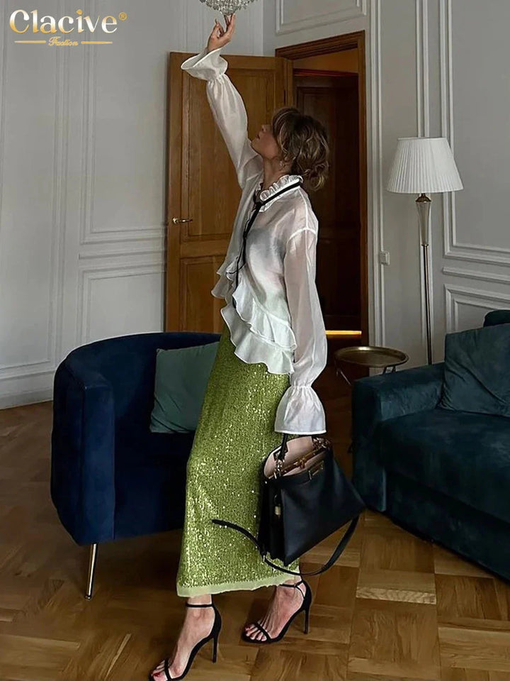 Stilla | Kvinders Gennemsigtige Mesh Mode Designer Flæse Trim Langærmede Toppe